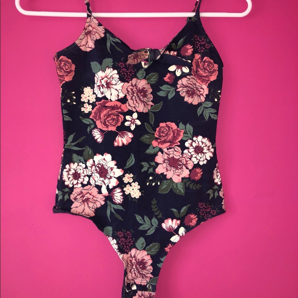 Navy Bodysuit with Rose Pattern